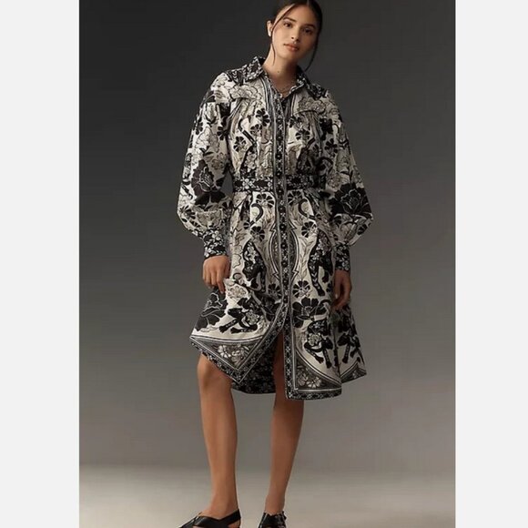 Farm Rio Anthropologie Long-Sleeve Collared Midi Shirt Dress Black White S NWT
